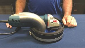 The Small EdgeRam® is shown here mounted to a Bosch® GWS13-50VSP (Paddle Type Switch) 5" angle grinder. A Bosch® GWS13-50VS (Slide Type Switch) 5" angle grinder will also work. The Small EdgeRam® is shown here mounted to a Bosch® GWS13-50VSP (Paddle Type Switch) 5" angle grinder. A Bosch® GWS13-50VS (Slide Type Switch) 5" angle grinder will also work.